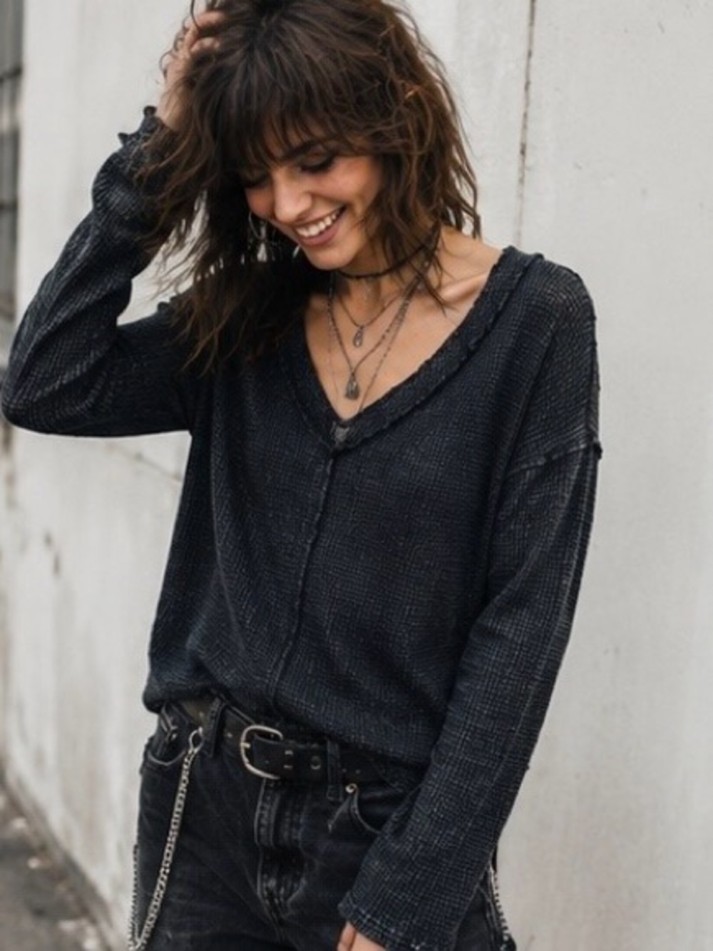 Vanilla Bay Black Waffle Knit Top Grunge Raw Edge V-Neck Long Sleeve Oversized S